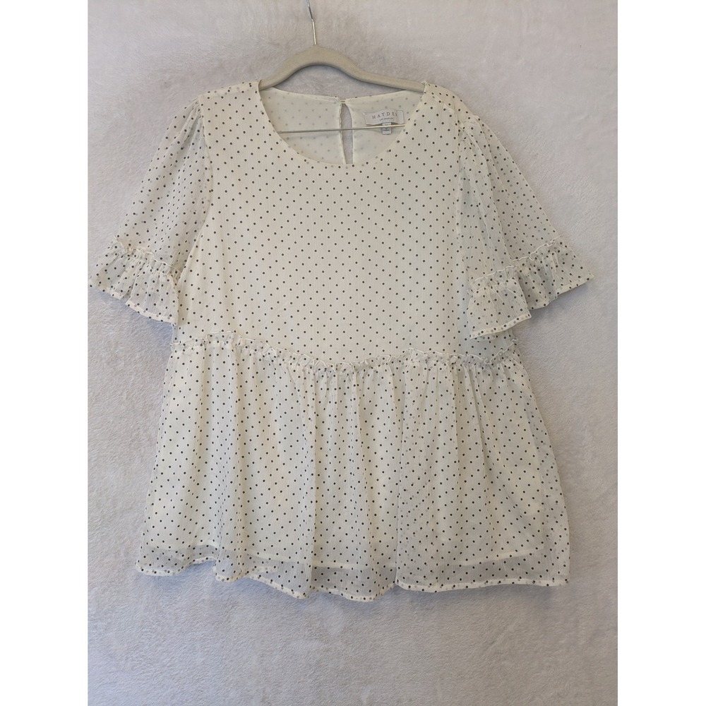 Hayden Los Angeles Babydoll Top Women's Size Medium White Polka Dot Ruffle‎ Hem